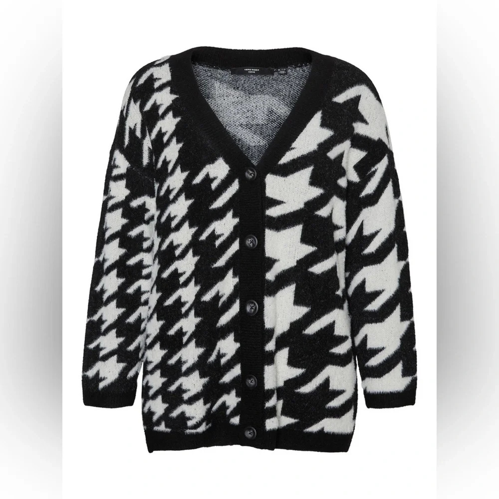 NWT VERO MODA CURVE Mira Fuzzy Houndstooth Cardigan in Black Birch
